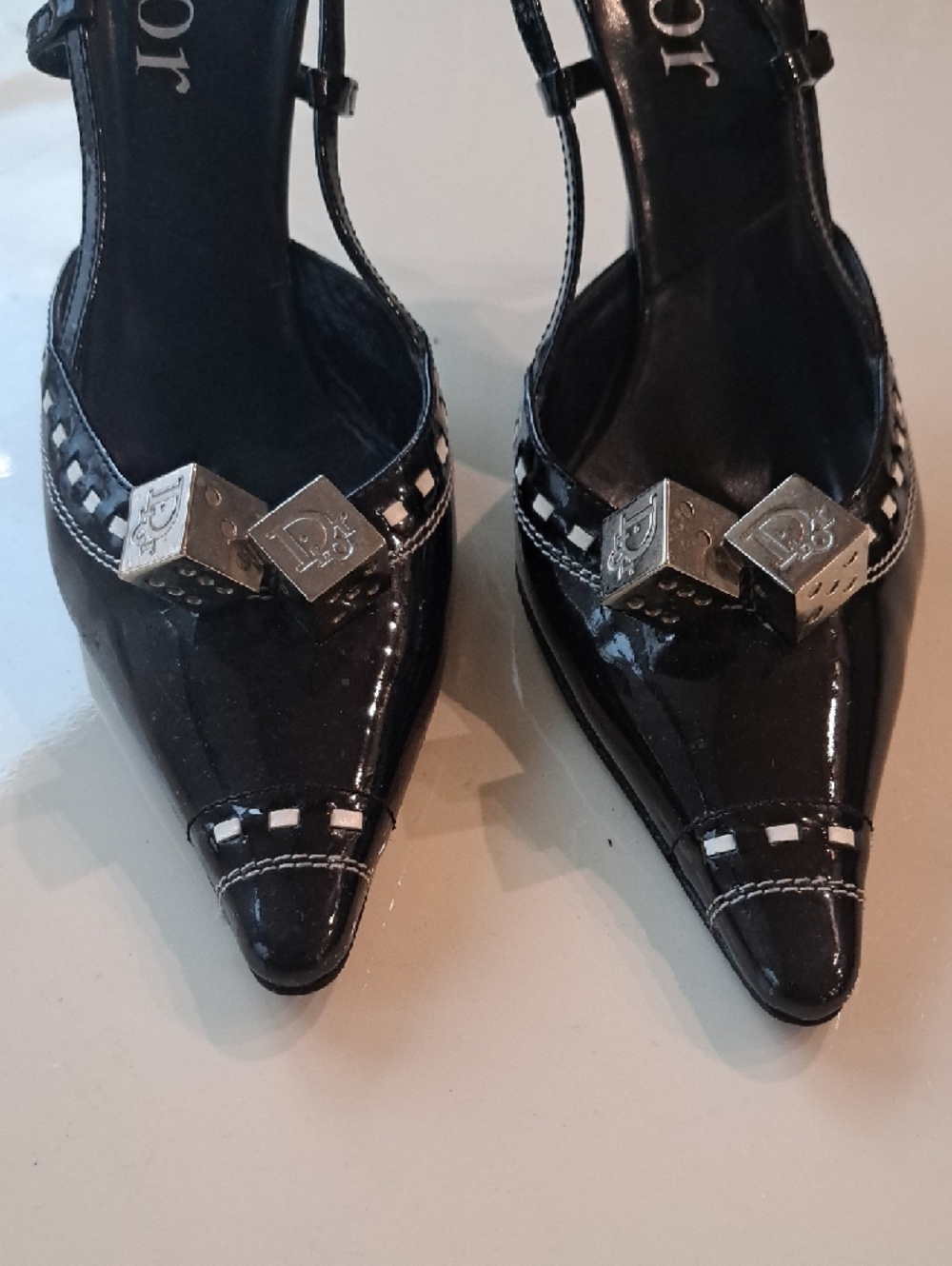 Dior Black Patent Leather Pointed Slingback Heels with Silver Hardware - Picture 4 of 4